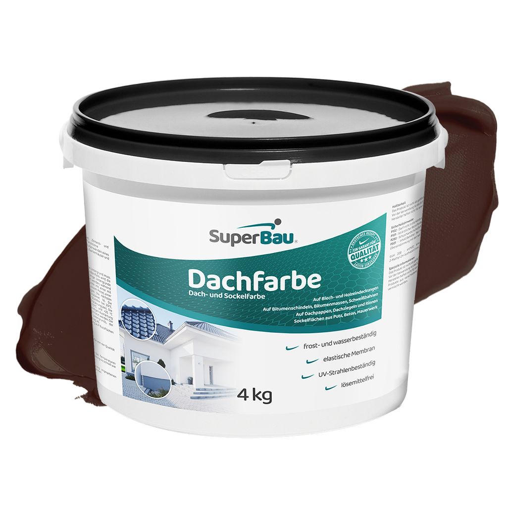 Superbau Dachfarbe Braun 4kg, Sockelfarbe WASSERDICHT, Fassadenfarbe für Außen, Dachbeschichtung für Blechdach, Bitumen, Dachpappe, Schindeln, Putz