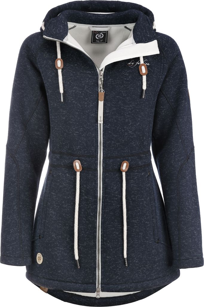 Dry Fashion Damen Fleece-Mantel St. Peter-Ording – Wintermantel Fleecejacke Outdoorjacke Winterjacke mit Kapuze in Navy-Melange Größe 44