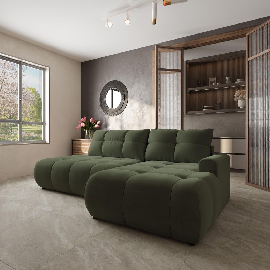 Masseno Ecksofa FLUMA CL R-S mit Schlaffunktion L-Form, Sofa mit Bettkasten, Wohnzimmersofa, Couch, Soffa, Bettsofa, Couchgarnitur- Olivgrün, CAST...