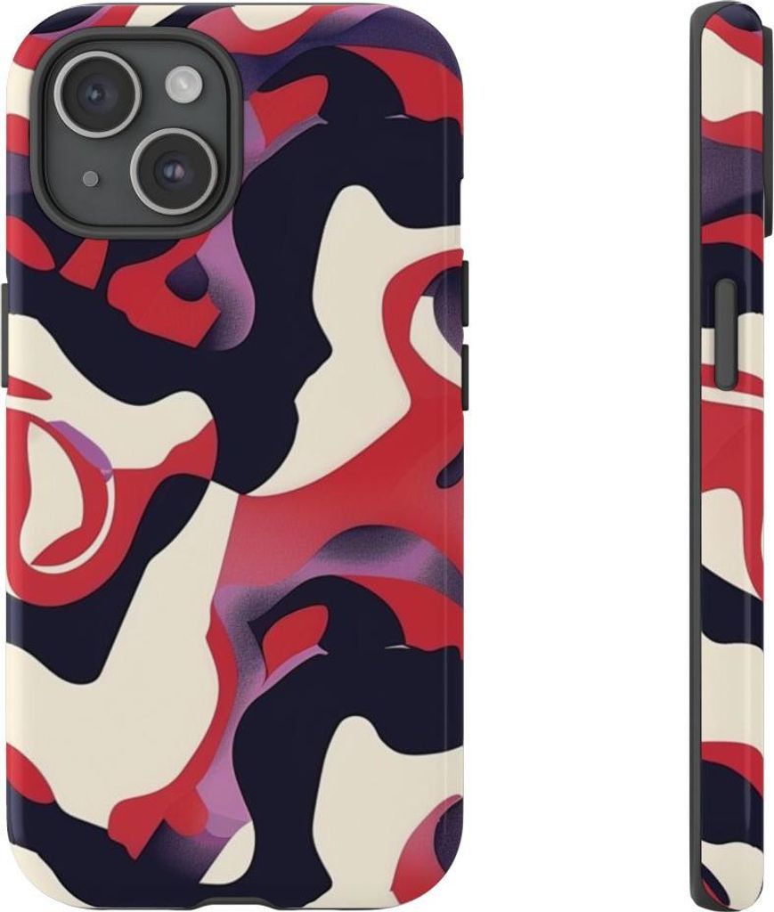 Abstraktes Muster in Rot, Schwarz und Creme – Hülle Kompatibel mit iPhone 15