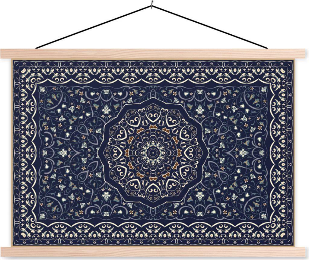MuchoWow Textilposter Persischer Teppich - Mandala - Teppich - Blau 120x80 cm mit holzfarbenen Rahmen - Aufhängeset