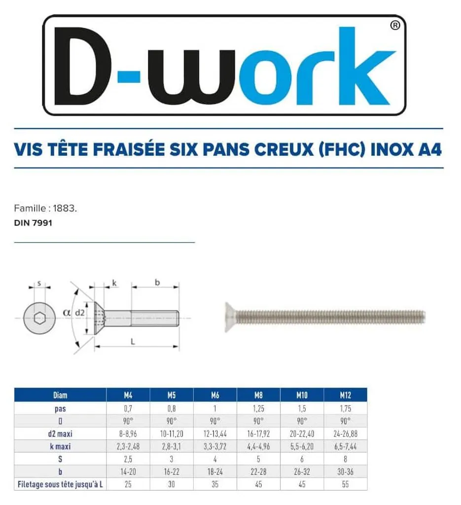 Vis Inox A4 Marine 10x100 mm DIN 7991 Tête Fraisée 6 Pans Creux D-Work