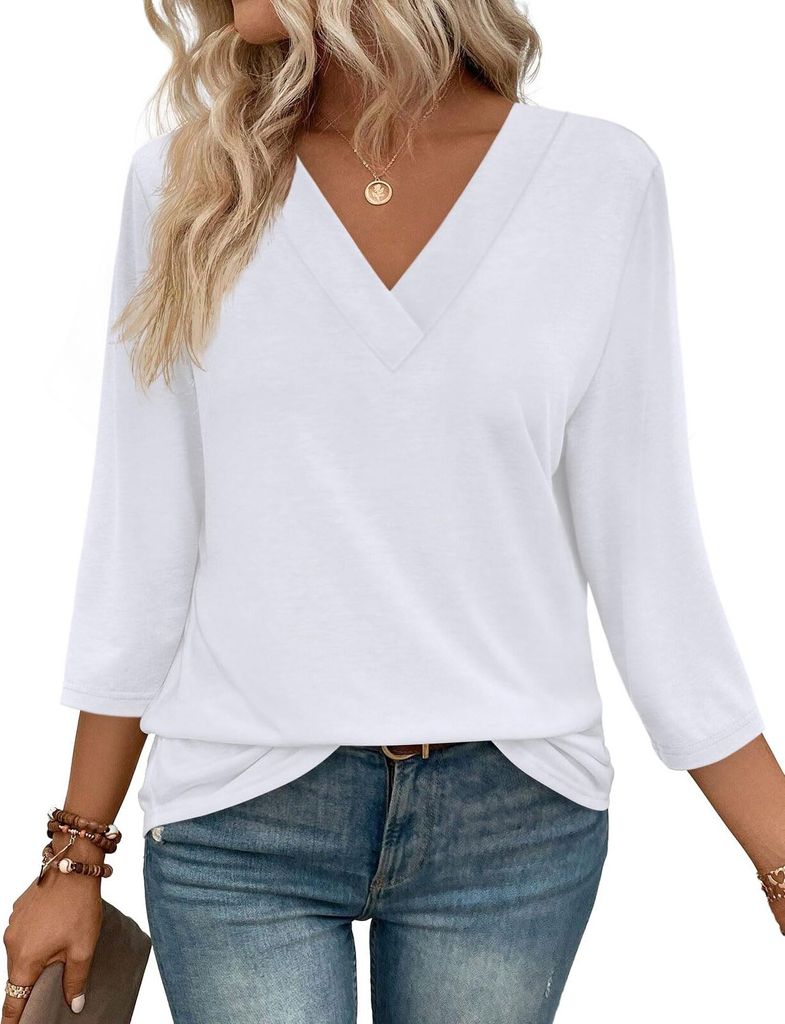 ASKSA Damen T-Shirt V-Ausschnitt 3/4 aermel Basic Tops Sommer Bluse Elegant Einfarbig Laessig Arbeits Oberteile (Weiss,XXL)