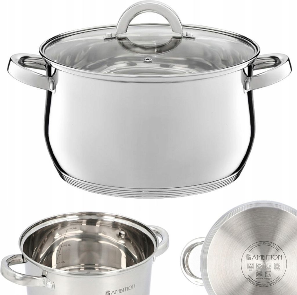 A stainless steel pot with a glass lid is shown from multiple angles.