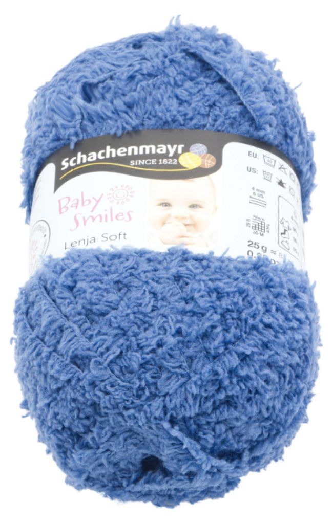 A ball of blue yarn with a label showing a baby's face.
