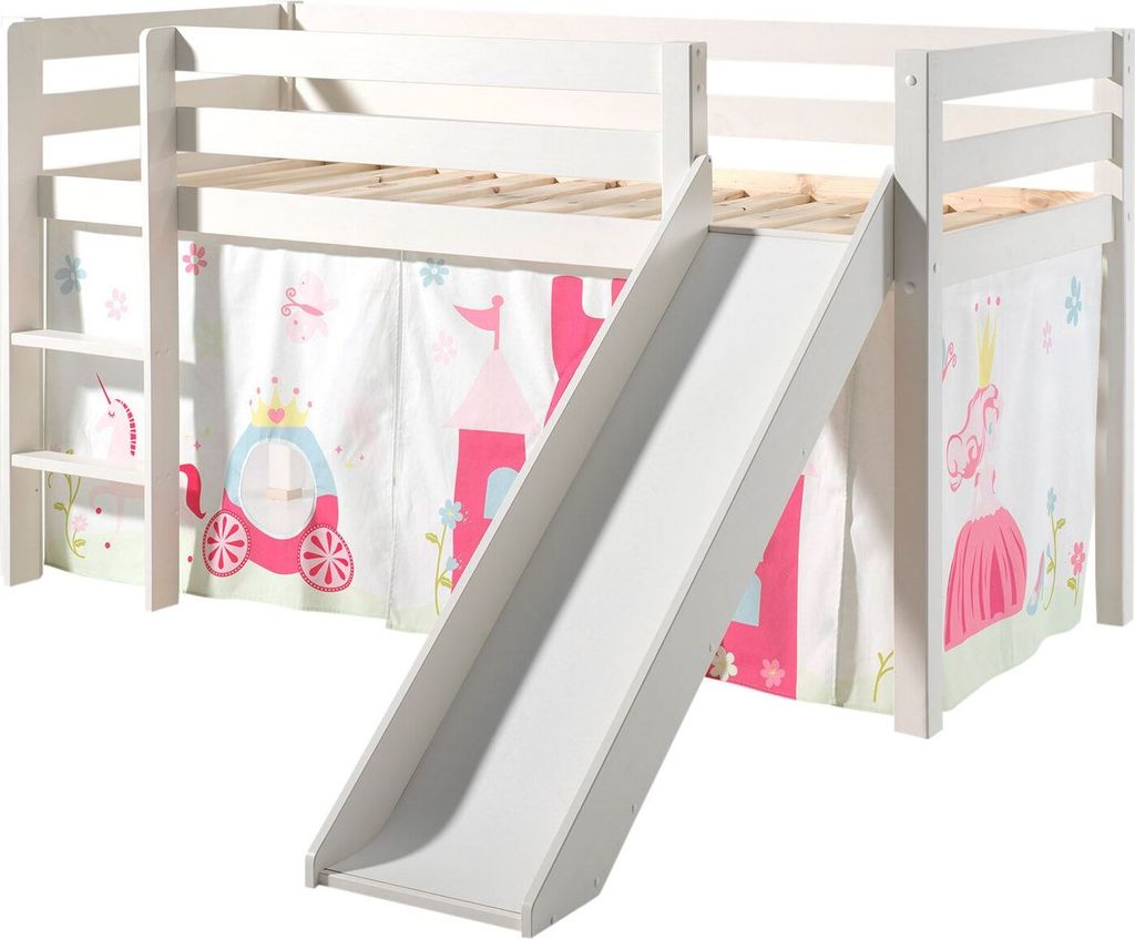 Kinderbett mit Rutsche Karolina Massivholz Weiß Textilset Princess 1