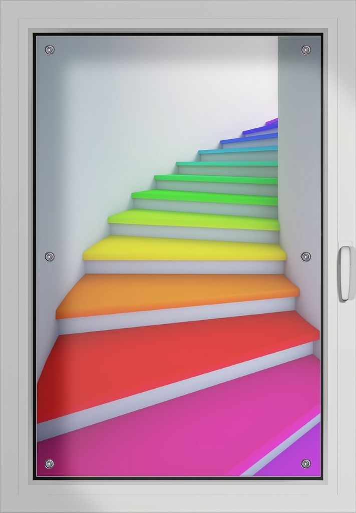 Wallario Lichtschutzbild, Dekorativer Sichtschutz Sonnenschutz 60 x 93 cm mit Motiv: Bunte Treppe - Verdunklung ohne Bohren