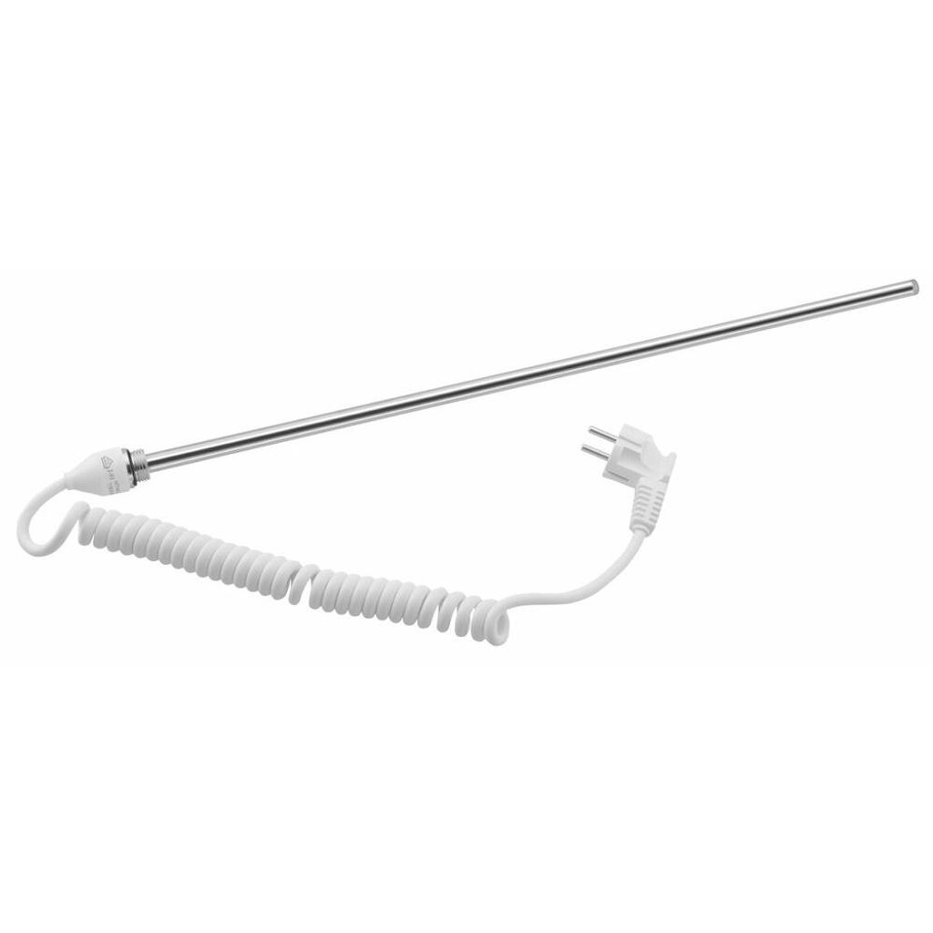 A silver heating element with a white coiled cord and plug on a white background.