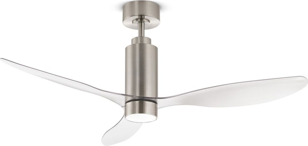 A modern ceiling fan with three translucent blades and a brushed nickel motor housing.