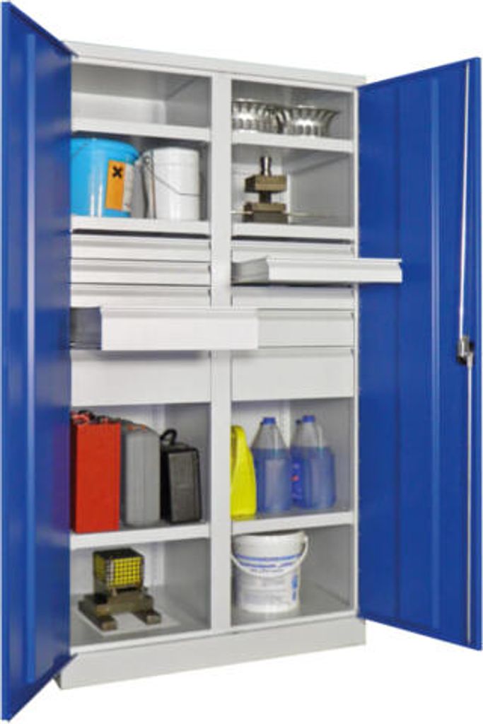 Schwerlastschrank - Vollblechtüren - Trennwand - 6 Böden, 10 Schubladen - 1.950x1.040x630 mm (HxBxT) - anthrazitgrau/feuerrot