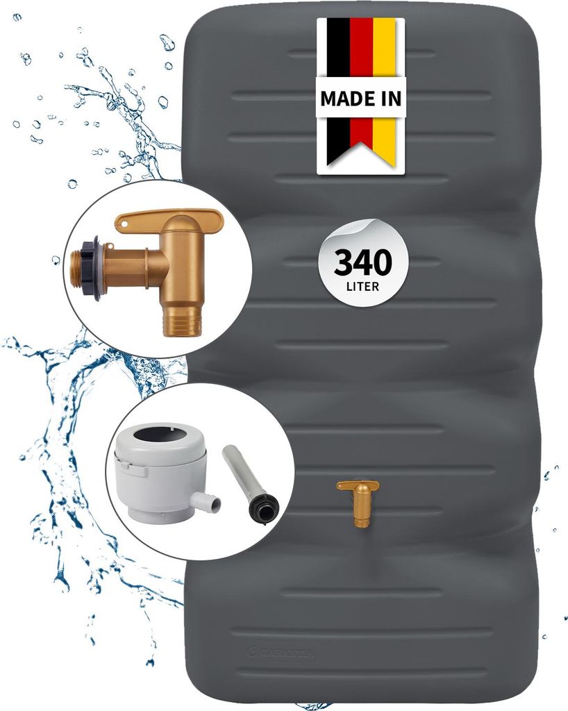 GARANTIA CUBUS Gartentank Komplett-Set 340 Liter graphite grey inkl. Kunststoff-Auslaufhahn und Fallrohranschluss