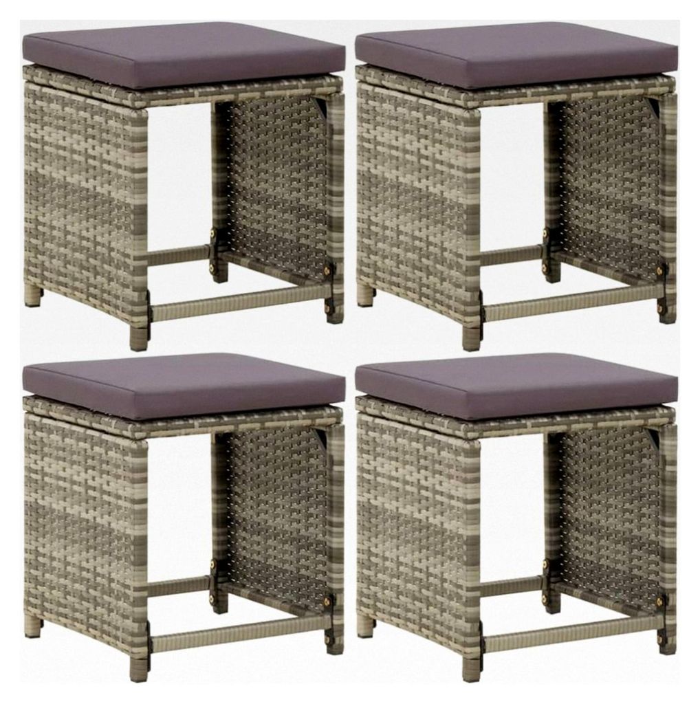 Gartenhocker 4er Set mit Kissen aus Poly Rattan in Grau für Wohnzimmer, Terrasse, Garten und Balkon