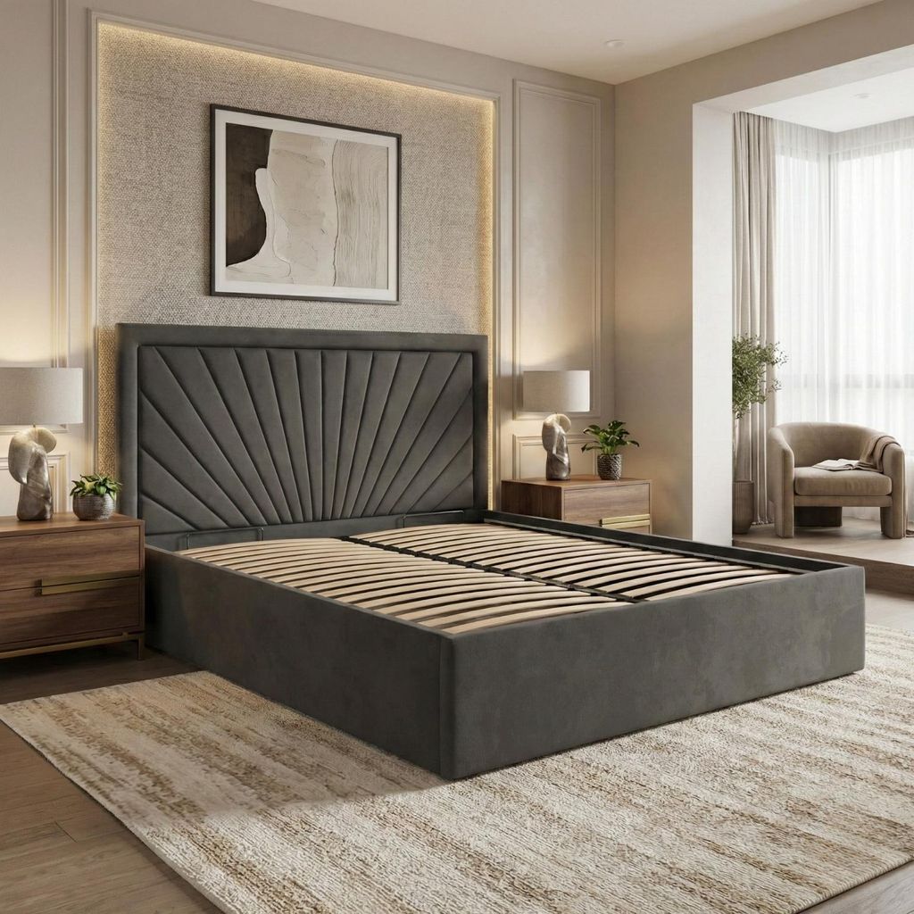 Polsterbett 180x200 cm – Stauraumbett ohne Bettkasten, hochklappbar stabiles Doppelbett mit dekorativem Kopfteil, Samt Grau Dunkelgrau VASTO 180 ...