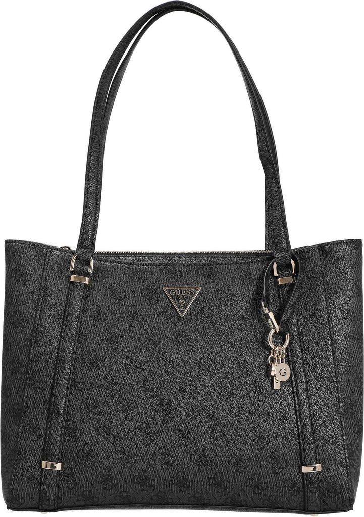 A black Guess shopper bag with a repeating logo pattern and a gold-colored key charm.