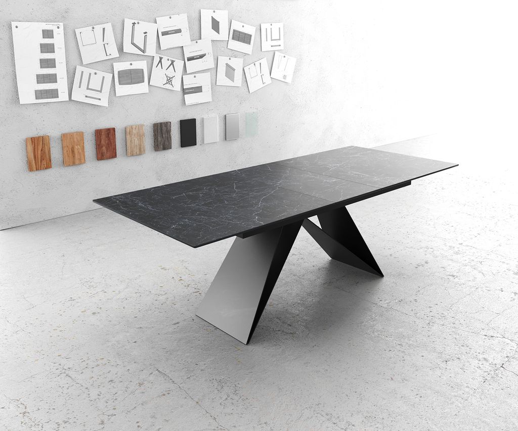 DELIFE Esstisch Edge 180-220x100cm Keramik Laminam Nero Greco Anthrazit V-Mittelfuß Schwarz ausziehbar