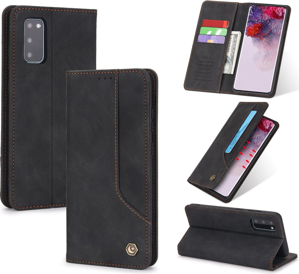 Galaxy S20 FE Hülle, LaimTop Retro Kunstledertasche Schutzhülle mit Kartenfach Standfunktion für Samsung Galaxy S20 FE / S20 FE 5G Schwarz