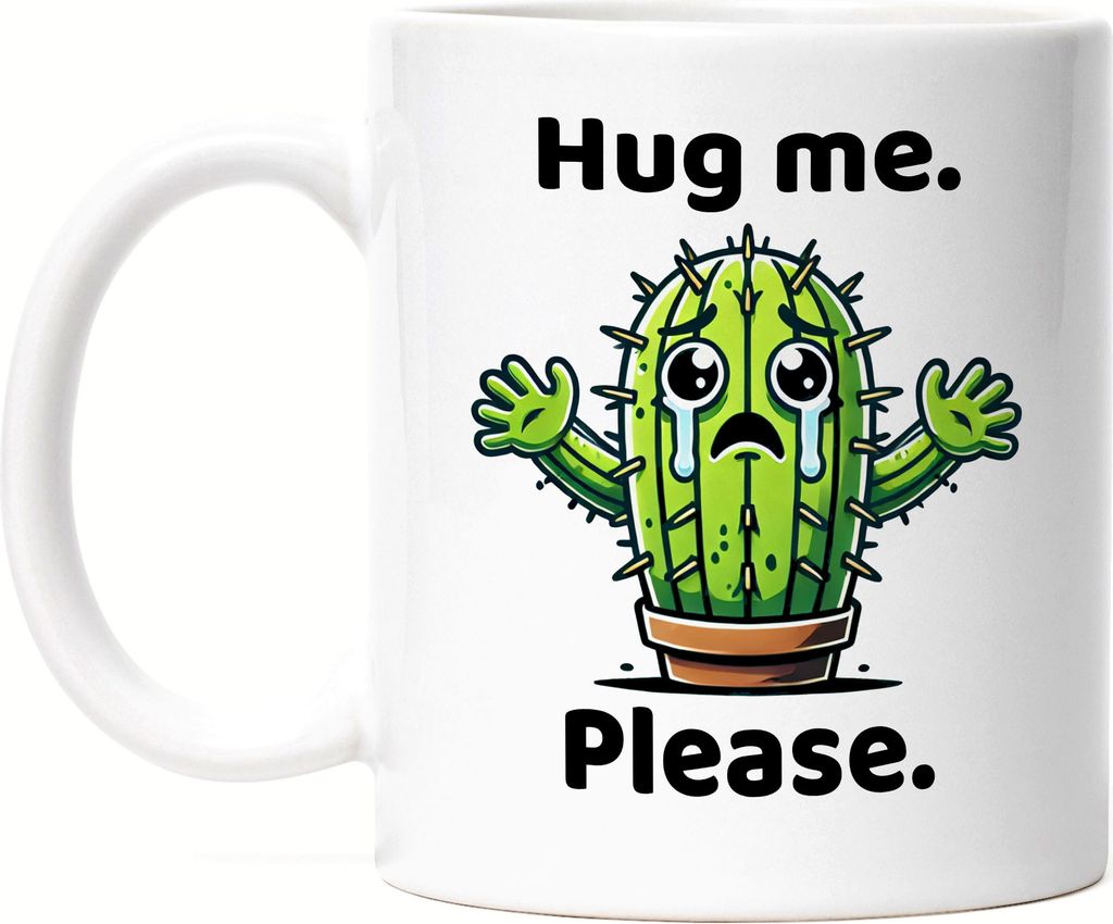 Hug me Please Lustiges Kaktusmotiv Tasse Weiß Geschenkidee für Pflanzenfans süßes Design einzigartig und kreativ