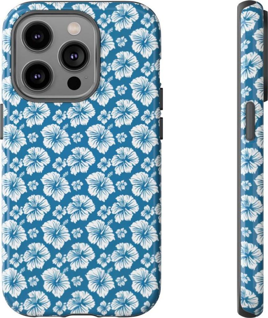 Weiße hawaiianische Blüten auf Blau – Hülle Kompatibel mit iPhone 14 Pro