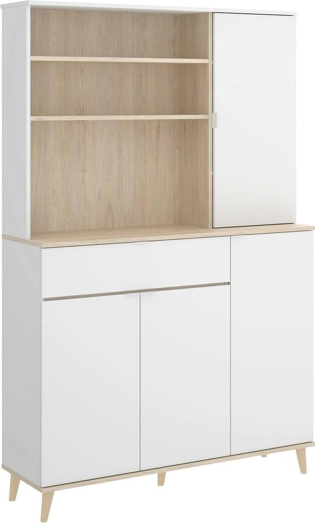 Sideboard Dmere, Pantry-Buffet für Wohnzimmer, Modernes Sideboard für Wohnzimmer mit 4 Türen, 120x40h191 cm, Weiß und Eiche