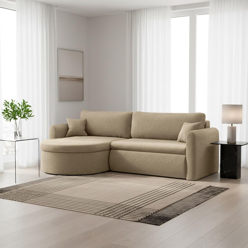 Ecksofa Schlafsofa FELIZ Stoff Quelle Beige Ottomane Links