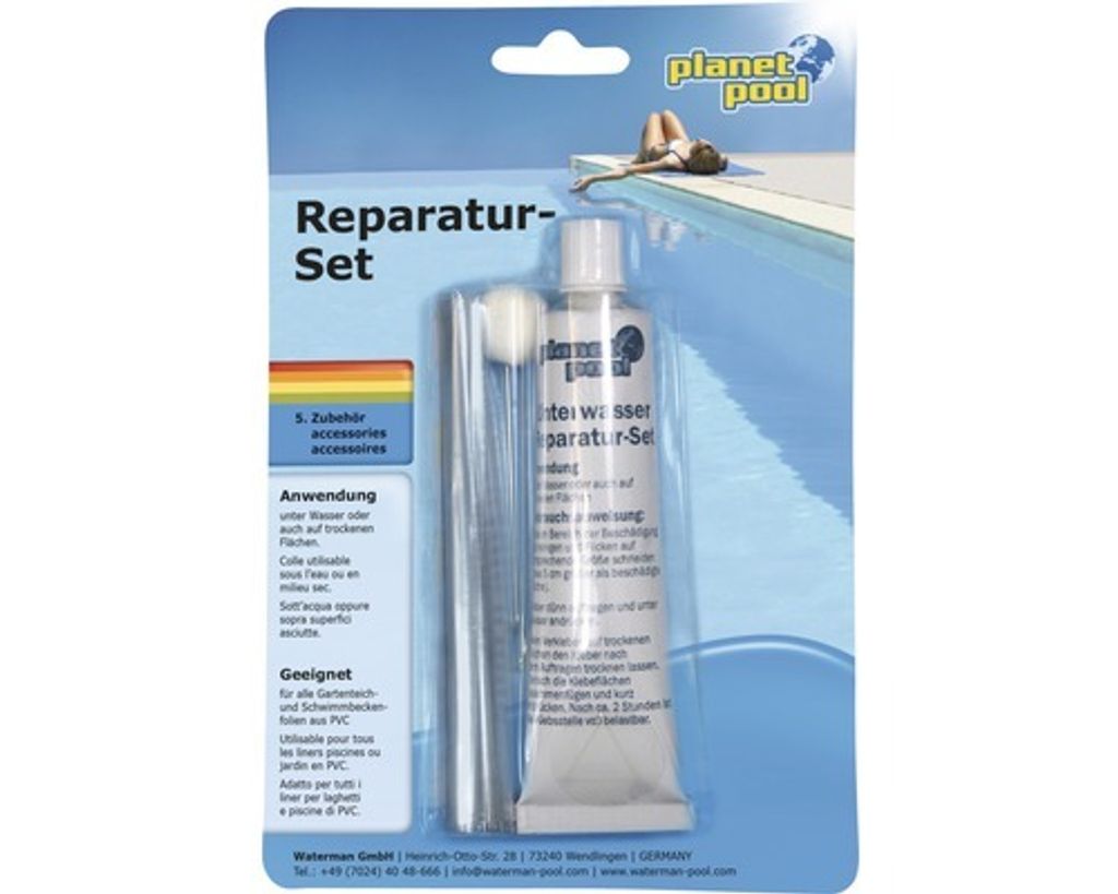 A product package for an underwater repair kit, showing a person relaxing by a pool.