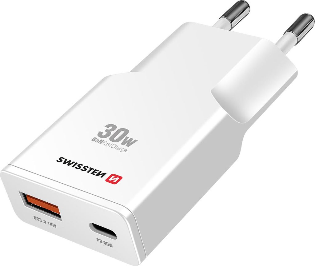 Chargeur rapide Swissten Gan 1x Usb-c 30w Pd 1x Usb-a Qc Image du produit 