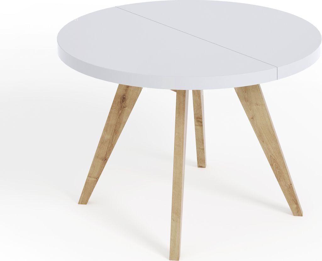 Runder Ausziehbarer Tisch für Esszimmer, LORA, Loft-Stil, Skandinavische, Durchmesser: 110 / 210 cm, Farbe: Weiss / Buche Natur