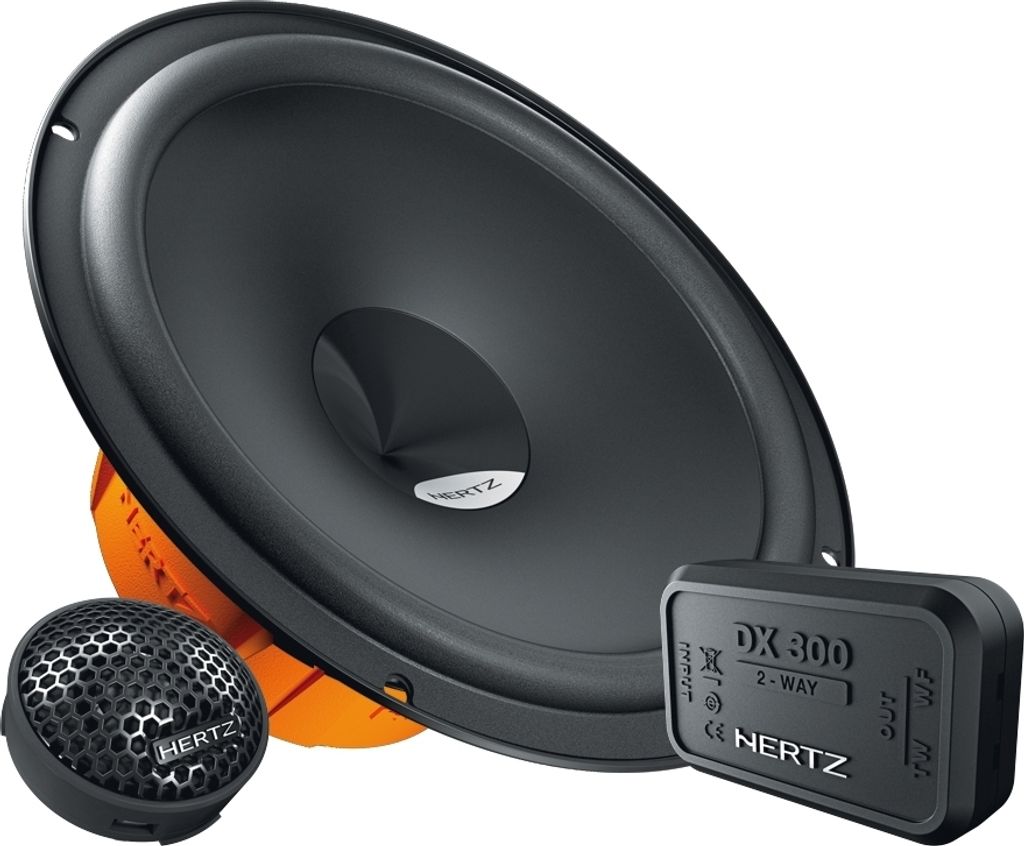 A car speaker system, including a woofer, a tweeter, and a crossover, is displayed against a white background.