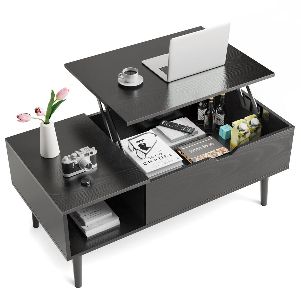 Moderner Couchtisch mit höhenverstellbarer Tischplatte, verstecktem Stauraum und offenen Ablagen – ideal für Wohnzimmer & Homeoffice