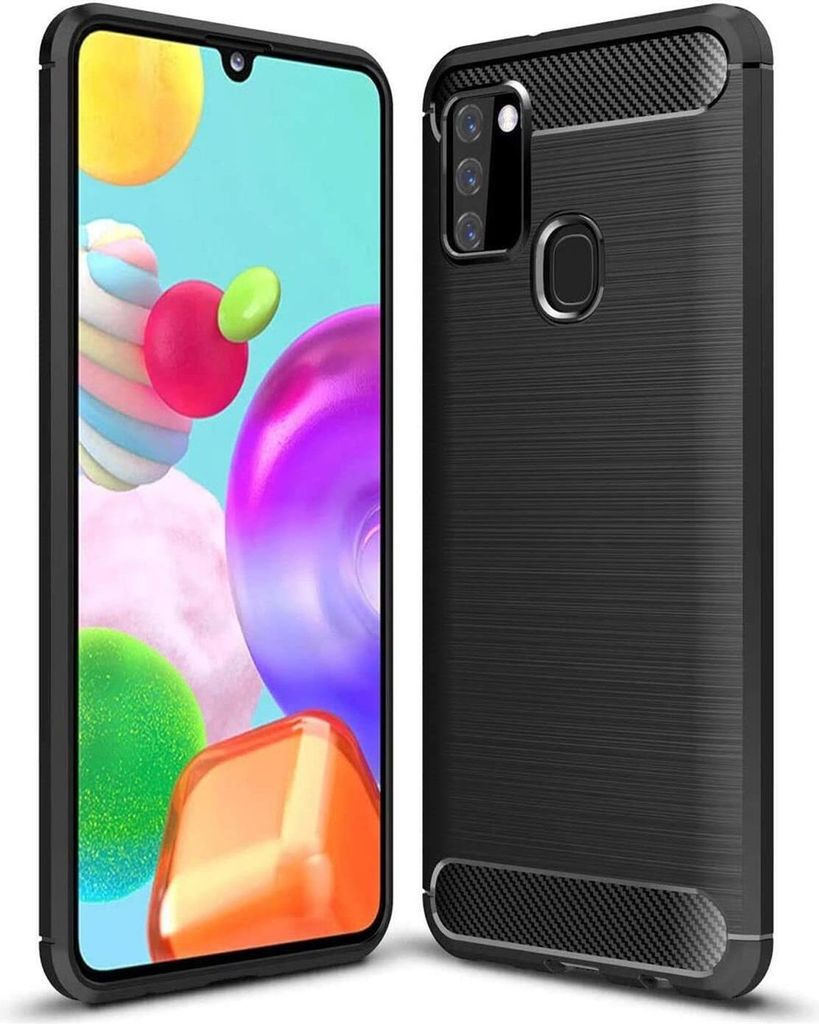 Conie Silikon Schutzhülle für Samsung Galaxy A21s Tasche Case Cover Bumper TPU Carbon Look Hülle in Schwarz