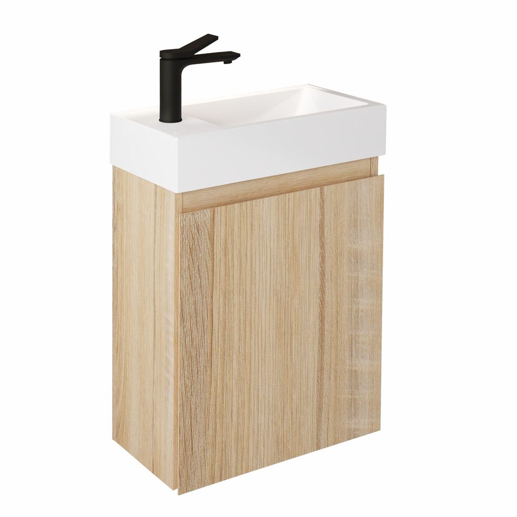 Waschbecken mit Unterschrank 40 cm Sonoma Eiche – JINDOLI Waschtisch Set mit schwarzer Armatur & Mineralgussbecken, vormontiert für Gäste-WC