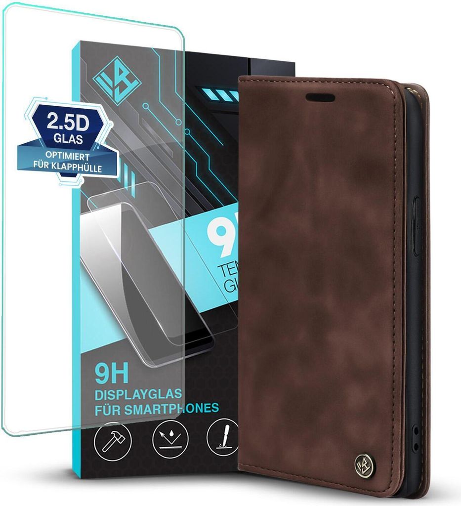 Handy Hülle für Apple iPhone 15 Plus mit 9H Displayglas Klapphülle Bookcase Flip Cover Handy Tasche Etui Farbe: Dunkelbraun