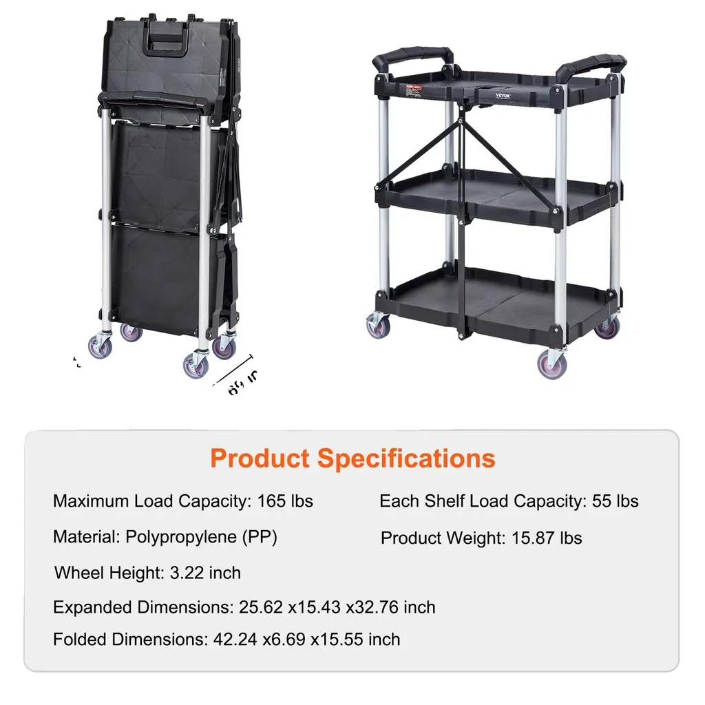 Chariot de service pliable ultra plat 16,9 cm 3 niveaux 75kg noir Pro