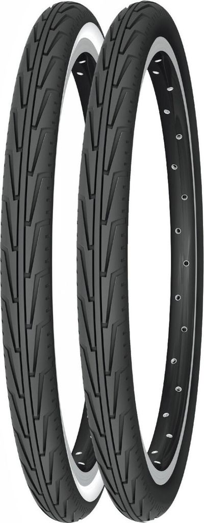 Two bicycle tires are shown side-by-side against a white background.