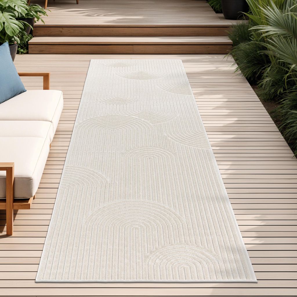 Outdoor Teppich Wetterfest Wohnzimmer Balkon Boho Skandi Design Regenbogen Creme Grösse 60x100 cm