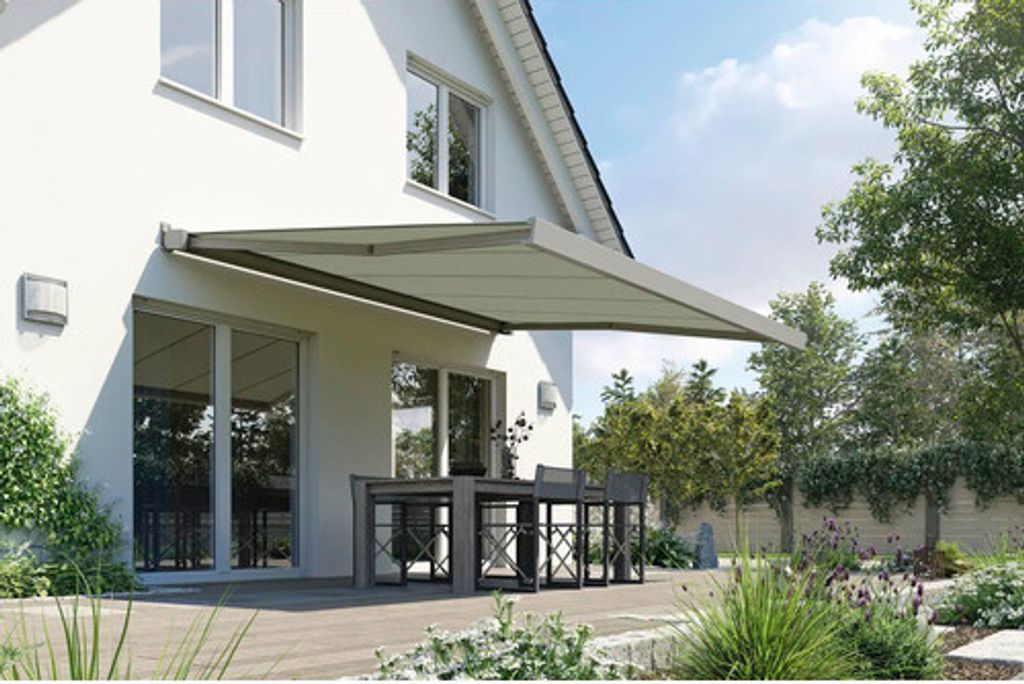 SOLUNA Kassettenmarkise Modern 5x3 Stoff Dessin 320968 Gestell RAL 9007 graualuminium links inkl.Motor und Wandschalter