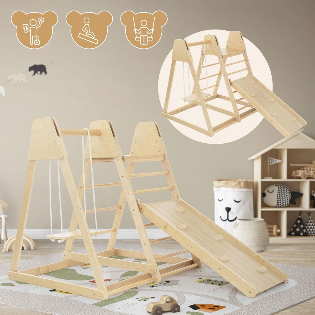 Joyz 3in1 Klettergerüst Set Indoor mit 2 Kletterleitern, Kletterbrett/Rutschbrett und Schaukel, aus Holz, 121x127x112 cm, für Kinder ab 3 Jahren
