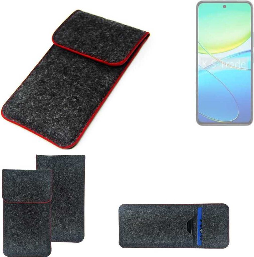 K-S-Trade Handy Schutz Hülle kompatibel mit Vivo Y38 5G Schutzhülle Handyhülle Filztasche Pouch Tasche Case Sleeve Filzhülle dunkelgrau roter Rand