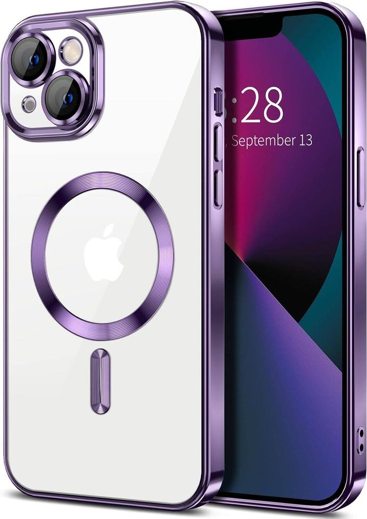 Magnetische Klar Hülle für iPhone 13, Kompatibel mit MagSafe, Elektroplattiert Handyhülle mit Kameraschutz Lila