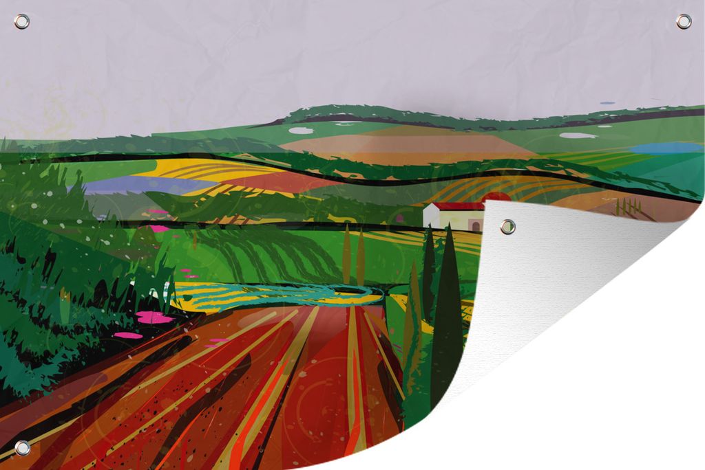 MuchoWow 60x40 cm Outdoor-Poster Gartendeko Sichtschutz Garten Poster für den Garten Abstrakte Illustration einer bäuerlichen Landschaft