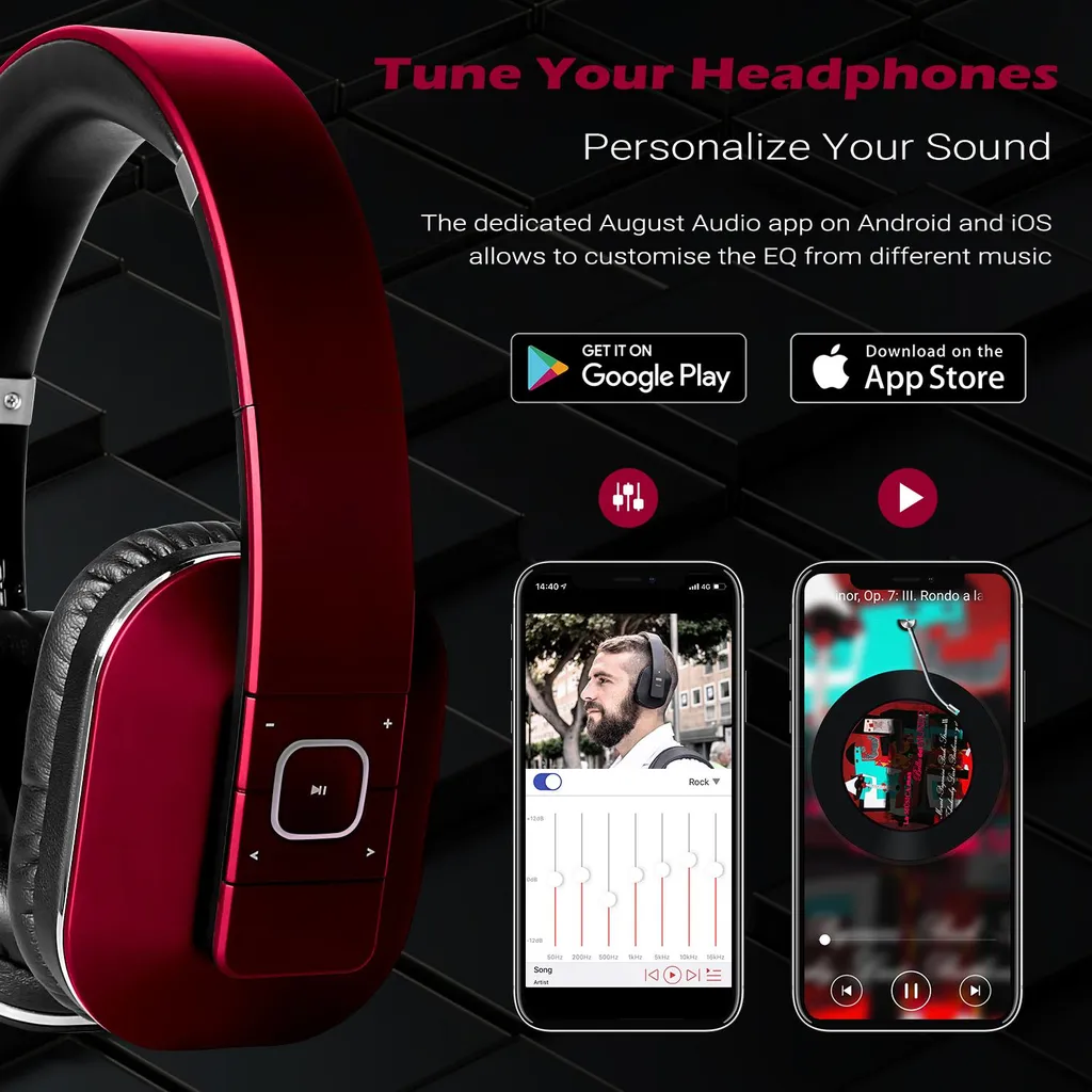 August EP650R Casque Bluetooth NFC rouge avec micro intégré et basses