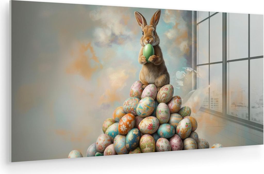 MuchoWow Glasbilder - Bilder auf Wandbild - Foto auf Glas Kaninchen - Eier - Farbenfroh 80x40 cm Wanddekoration aus Glas - Acrylglasbild - Acrylbil...