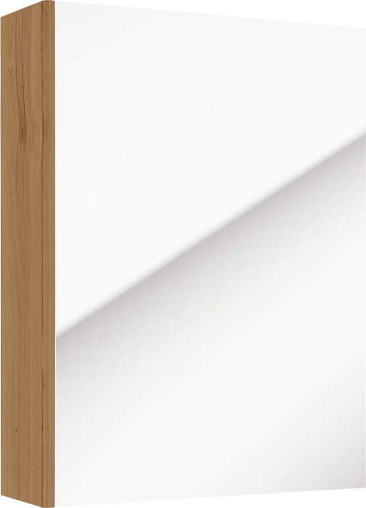 A close-up view of a cabinet with a white front and a wooden side, with a diagonal shadow across the white surface.