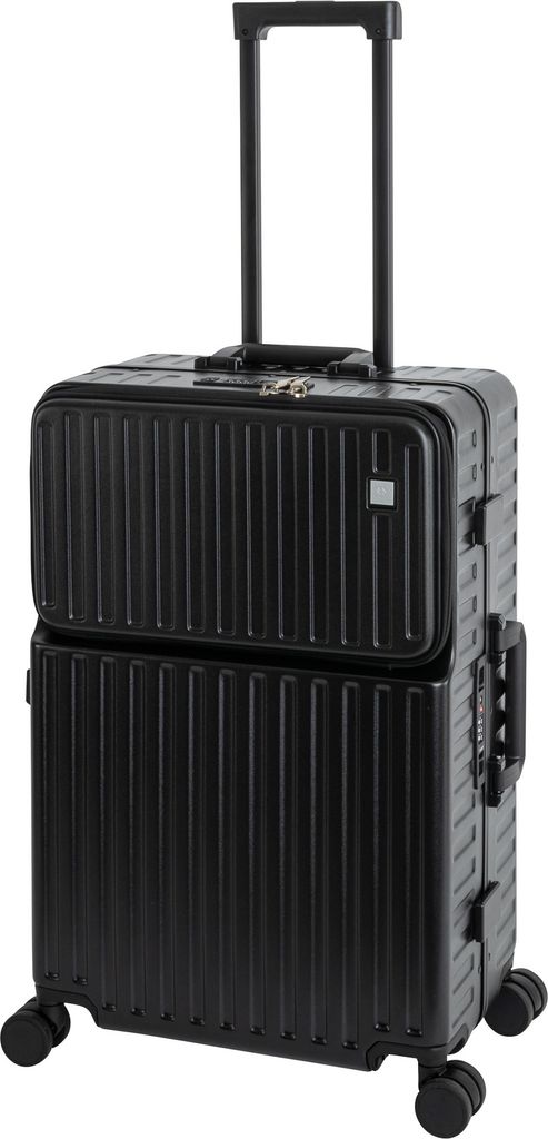 Travelhouse Roma Reisekoffer, Vortasche mit TSA, Powerbank Anschluss, Alu-Rahmen, Hartschale, Trolley, Schwarz