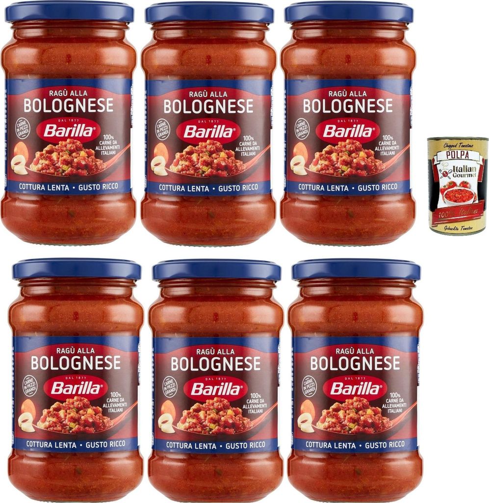 Barilla Sugo Ragù alla Bolognese, salsa, Fertige italienische Tomatensauce und ausgewähltes glutenfreies Fleisch 6x 400g + Italian Gourmet polpa ...