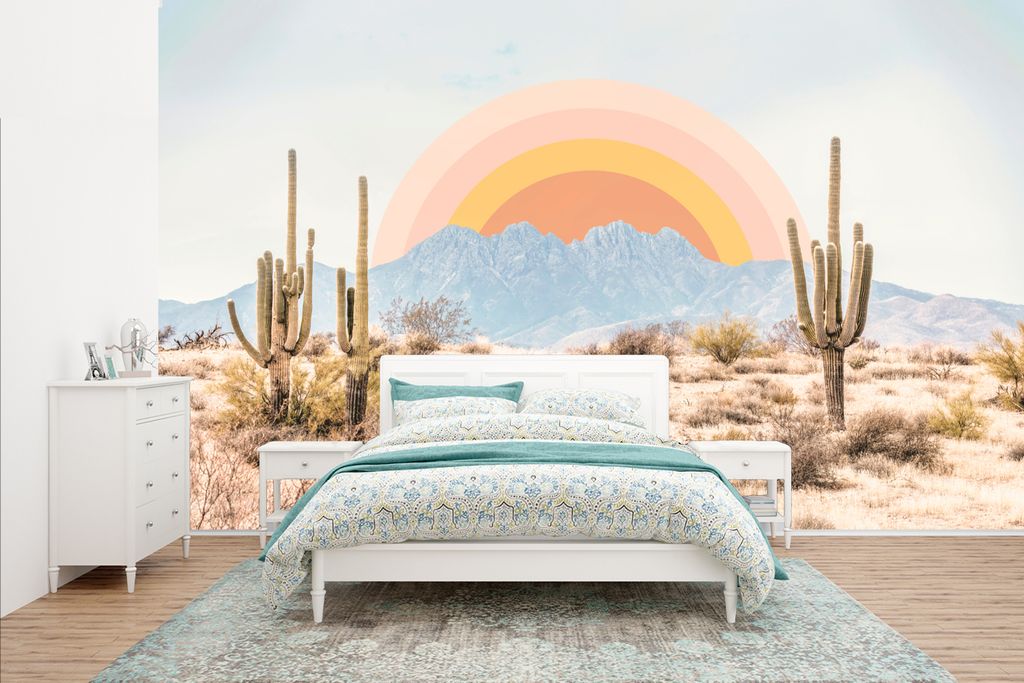 MuchoWow Fototapete für Wohnzimmer oder Schlafzimmer Wandtapete Vinyl Motivtapete Kakteen - Pflanzen - Natur - Sonne - 400x240 cm - Gemustert