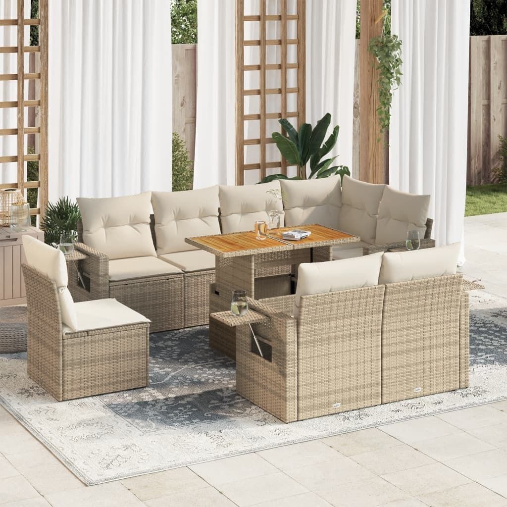 "Rabatt" 9-tlg. Garten-Sofagarnitur - mit sofa - mit Kissen Beige Poly Rattan - Lounge-Dining set CC12090