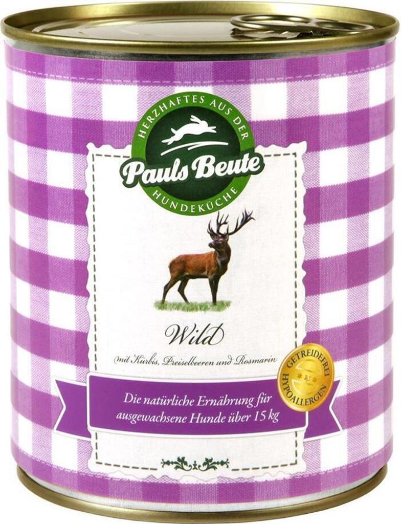A can of dog food with a purple and white checkered pattern.