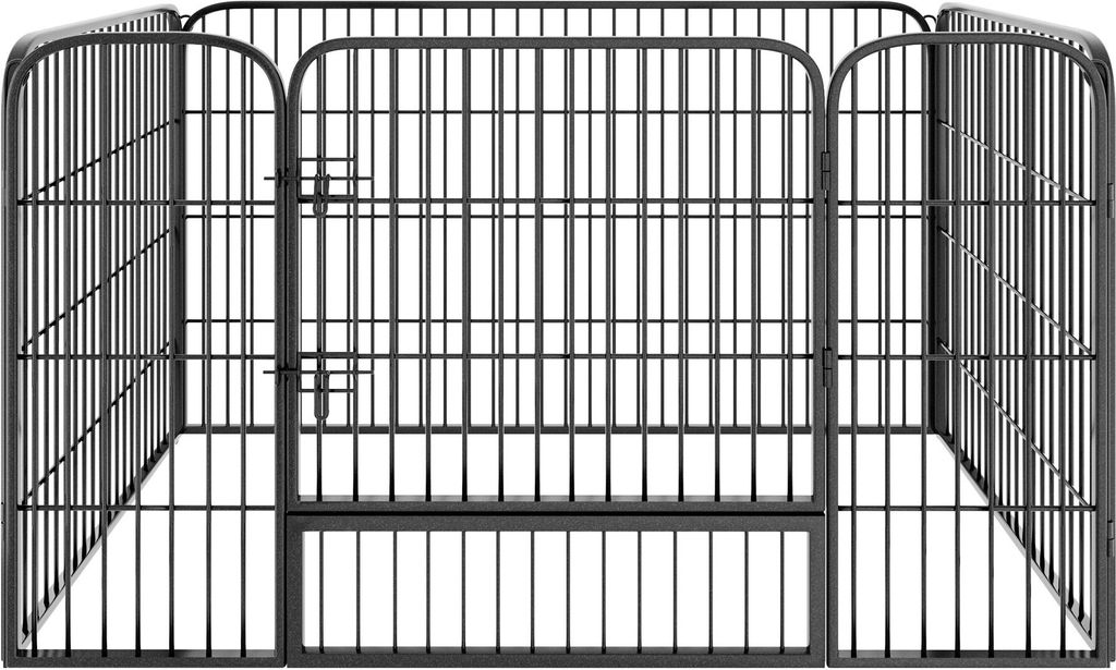 A gray metal dog playpen is shown from a front-facing, slightly elevated angle against a white background.