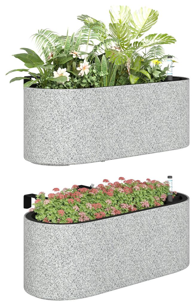 2er Set Blumentopf Hängend Pflanzkübel mit Ablaufsystem Loch Haken 42 x 16 x 15 cm Hellgrau, für vielseitige Verwendung, wetterfest